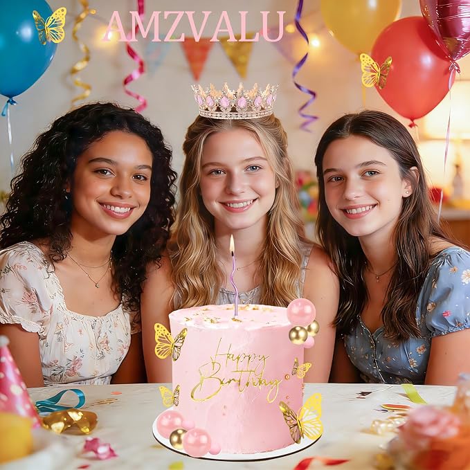 Crown Cake Topper, Pink & Rose Gold Crown Balls Happy Birthday Cake Toppers Candles Butterfly, Corona Para Pastel, Crown Cake Decorations for Women Queen Princess (Rose Gold, Jelly Pink)