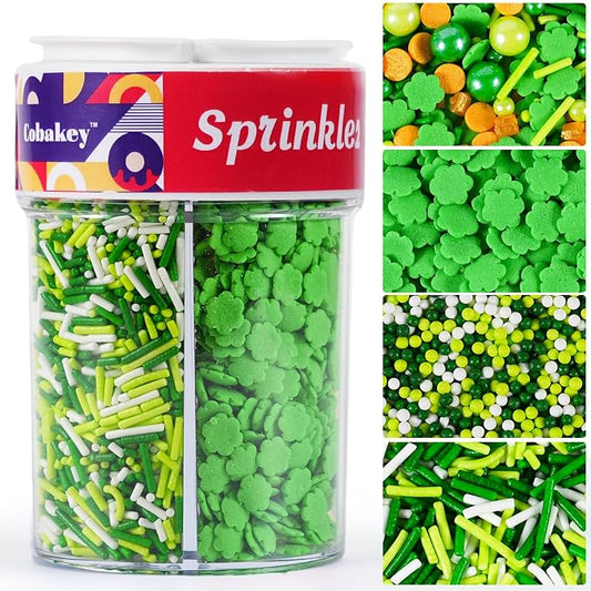 St. Patrick's Day Sprinkles Mix, 6.5oz - Green & White Jimmies, Nonpareils, Shamrocks for Cake Decorating, Cookie, Cupcake, Ice Cream Topper, St Patty's Day Baking Supplies