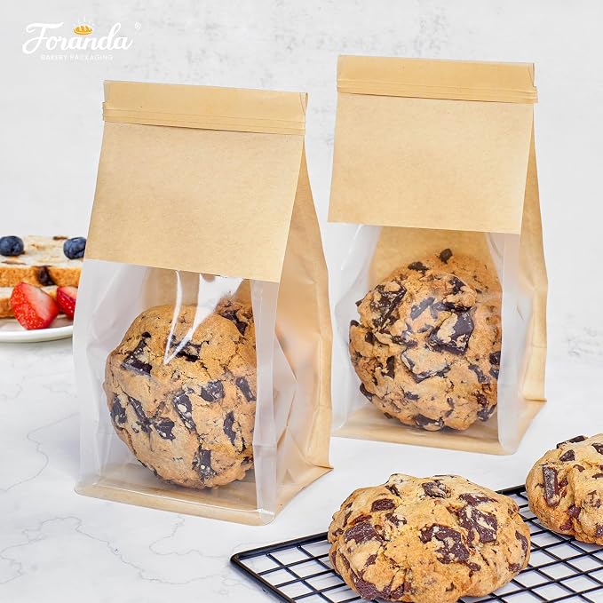 50 Pack Cookie Packaging Bags, 3.9x3.1x8.2 Inches Small Bakery Bags with Window Tin Tie Tab Lock Resealable Paper Treat Bag for Baked Goods Gift Giving and Bake Sale | Thick Material