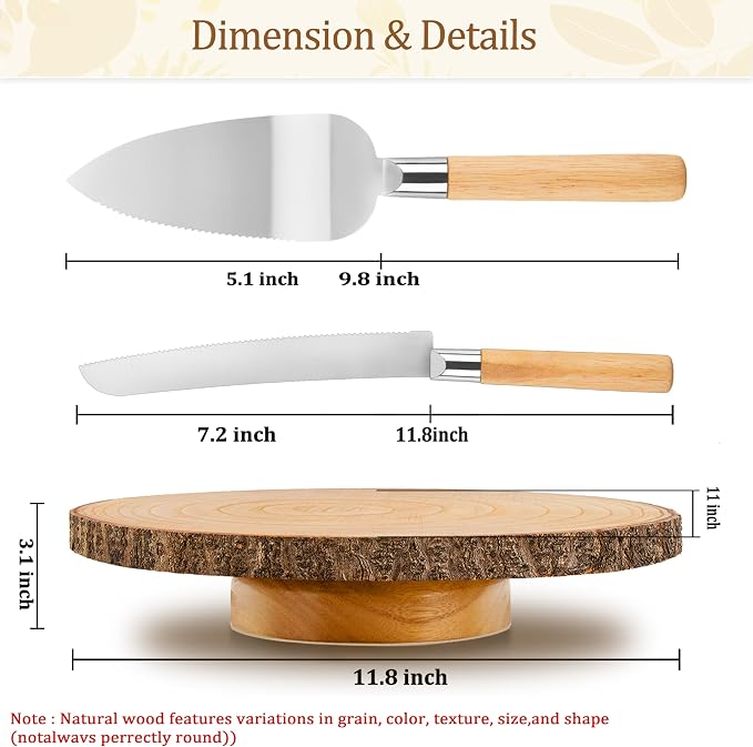 Rotating Wooden Cake Stand, 12 Inch Rustic Cake Display Stand with Cake Cutting Knife & Server Set, Round Dessert Serving Tray for Wedding, Birthday, Bridal Shower, Baby Shower & Holiday Party Decor