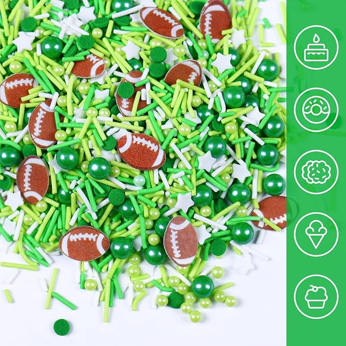 Football Sprinkles for Edible Cake Decorating, Green Sprinkles Mix with Football Edible Rice Paper, 3oz balls Sports Themed Sprinkle for Baking, Cupcakes, Ice Cream, Cookie, Chocolate Decorating