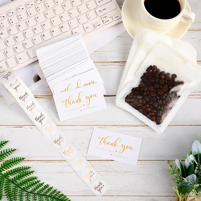Outus 620 Pieces Thank You for Supporting My Small Business Cards and Stickers Set, Thank You Gold Foil Stickers with Resealable Packaging Bag for Business Owners Packaging Supplies (White)