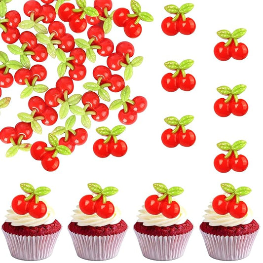 30 PCS Cherry Cupcake Toppers Red Sweet Cherry Cupcake Picks Fruit Theme Cupcake Decorations for Cherry Theme Baby Shower Kids Birthday Party Cake Decorations Supplies