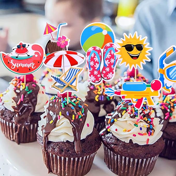 32 PCS Summer Beach Pool Cupcake Toppers Ball Sun Umbrella Diving Goggles Watermelon Water Gun Slippers Cupcake Picks Baby Shower Hawaii Beach Pool Theme Birthday Party Cake Decorations Supplies