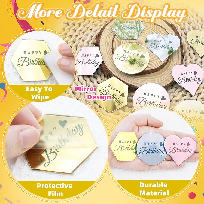 45PCS Happy Birthday Cake Toppers, Mirror Acrylic Cupcake Toppers 3 Multi-shape & 3 Different Color Custom Cupcake Picks for Birthday Party Anniversary Pastries Decorations