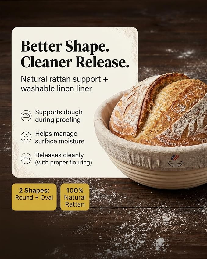 Banneton Bread Proofing Basket with Liner – Natural Rattan Dough Riser with Sourdough Baking Accessories, Artisan Bread Loaves, Homemade Bread Making - 9” Round Sourdough Starter Kit