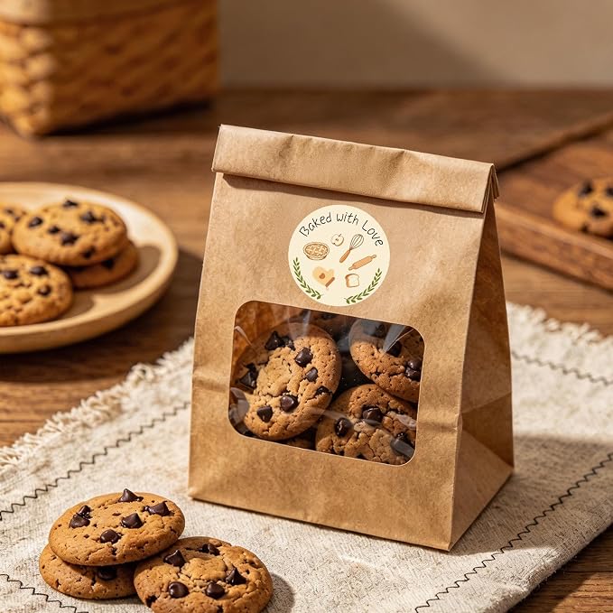 200PCS Baked with Love Stickers, 1.6 Inch Round Self-Adhesive Baking Labels, Bakery Tools Design Stickers for Homemade Bread Cookies Cake Boxes Goodie Bags Gift Wrapping