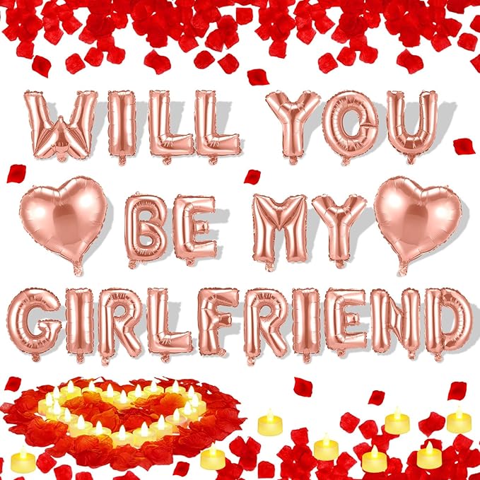 HyDren 18" Will You Be My Girlfriend Balloons Letters Kit Include Heart Shaped Balloons and LED Tealight Candles with Rose Petals Romantic Girlfriend Proposal Kit Valentines Day Decorations(Rose Gold)