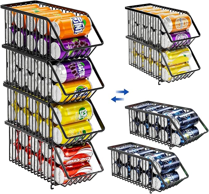 Stackable Soda Can Dispenser Organizer Rack, Stacking Can Dispensers Refrigerator Organizer Bins Pop Soda Organizer Dispenser Canned For Fridge, Freezer, Kitchen, Cabinets (8, Black)