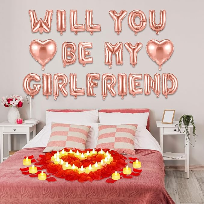 HyDren 18" Will You Be My Girlfriend Balloons Letters Kit Include Heart Shaped Balloons and LED Tealight Candles with Rose Petals Romantic Girlfriend Proposal Kit Valentines Day Decorations(Rose Gold)