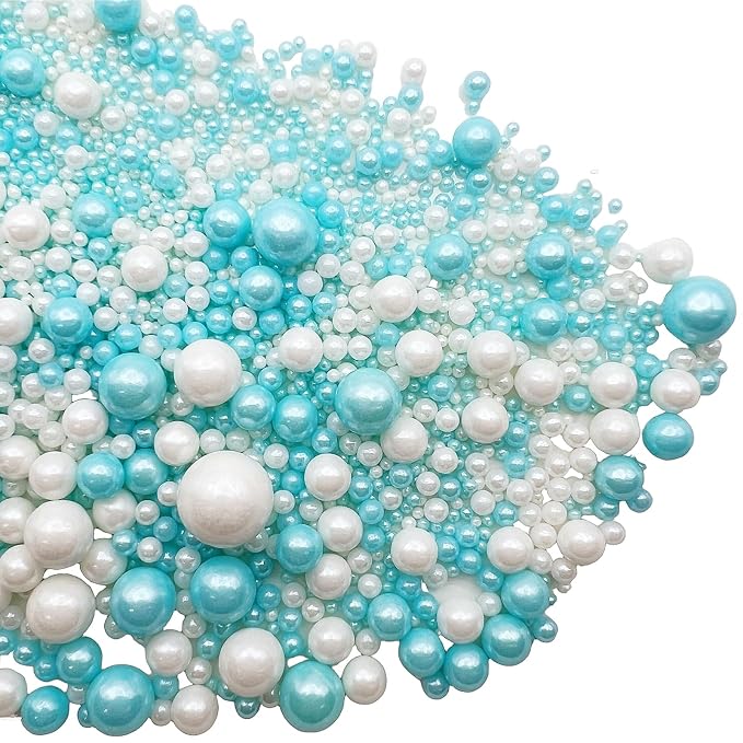 SE Si&Moos Baby Blue and White Pearl Sprinkles for Cake Decorating White Edible Pearl Cake Decorations Light Blue Sprinkles for Cake, Cupcake, Baby Shower Birthday Party Holiday Christmas Supplies 3.5 OZ