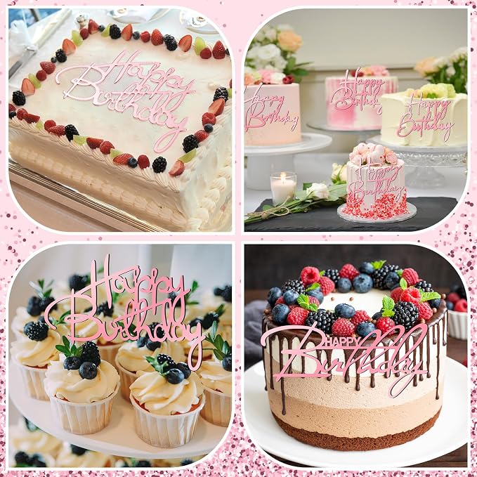 Barydat 50 Pcs Happy Birthday Cake Toppers Bulk Mirror Acrylic Cupcake Topper Decorations Happy Birthday Sign for Cake Inserts Decor Celebrate Anniversary Theme Party Supplies 10 Style(Pink)