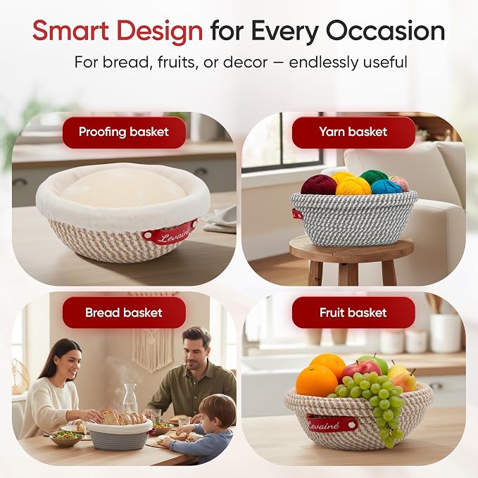 Levainé 2 Pack Cotton Rope Banneton Bread Proofing Basket Set, Round & Oval Sourdough Proofing Baskets with Liners and Covers, Washable Bread Baking Supplies for Homemade Artisan Bread