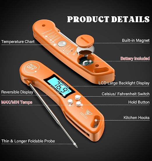 DOQAUS Digital Meat Thermometer, Instant Read Food Thermometer for Cooking with Backlit & Auto-Rotating Display, 4.6” Probe for Grilling, Baking, and Perfect BBQ - Orange