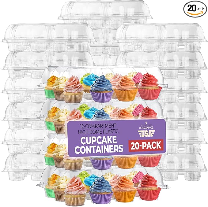 Plastic Cupcake Containers Boxes | 12 Compartment – 20 Pack | Disposable High Dome Dozen Clear Cupcake Holder with Detachable Lid Bulk | Extra Sturdy Stackable Cup Cake Carrier Holders Muffin Boxes