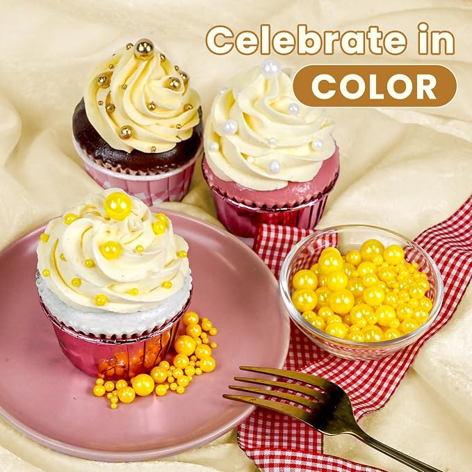 Yellow Pearl Sprinkles, Edible Sugar Pearls for Cake Decorating, 180g/6.35oz, Mix Size, Cake Decorations, Cupcake Toppers, Ice Cream Toppings, Easter Holiday Party Supplies