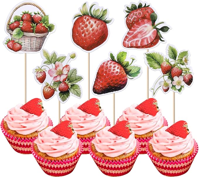 36 Pack Strawberry Cupcake Toppers Red Pink Strawberry Birthday Cupcake Picks Berry Strawberry Cupcake Decoration for Fruit Theme Baby Shower Kids Boys Girls Birthday Party Supplies