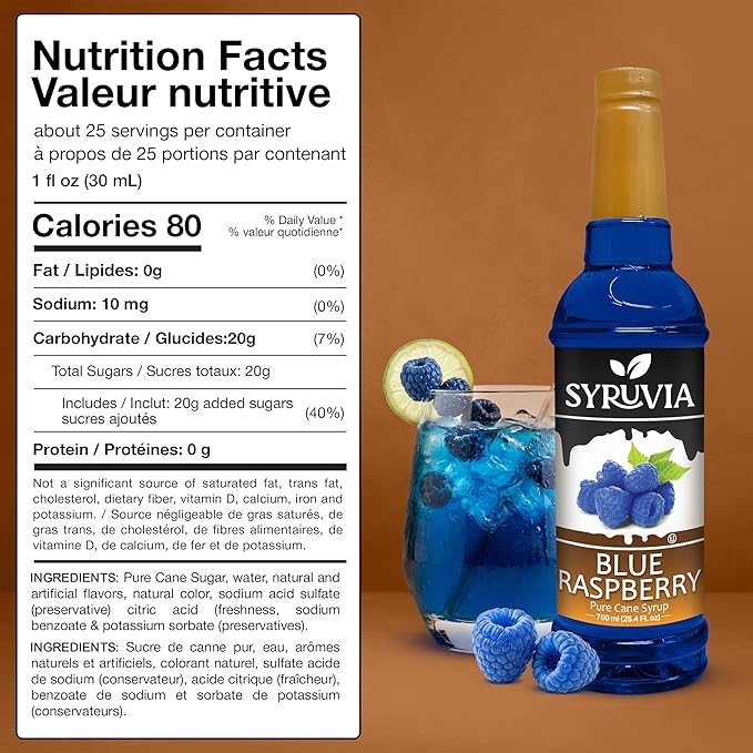 Syruvia Blue Raspberry Syrup, Flavored Syrup for Cocktails, Fruit Drinks, Lemonades, and Desserts – 25.4 fl oz - with Pump
