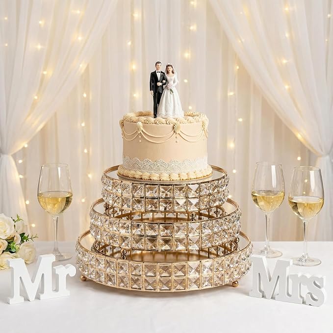 Goaste 3 Pack Crystal Cake Display Stand with Mirror, 14" 12" 10" Metal Pedestal Gold Round Cake Plate Stand, Dessert Cookies Fruit Serving Tray with Shining Crystal Beads for Wedding, Birthday Party