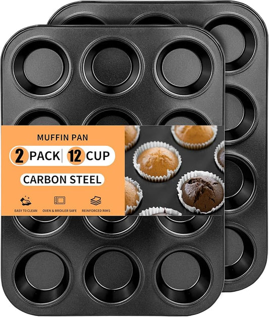 2 Pack 12-Cup Mini Muffin Pan, Heavy-Duty Carbon Steel Nonstick Cupcake Baking Pan, 1.54” Small Size Cups, Even Heat Distribution, Oven & Dishwasher Safe (Black)