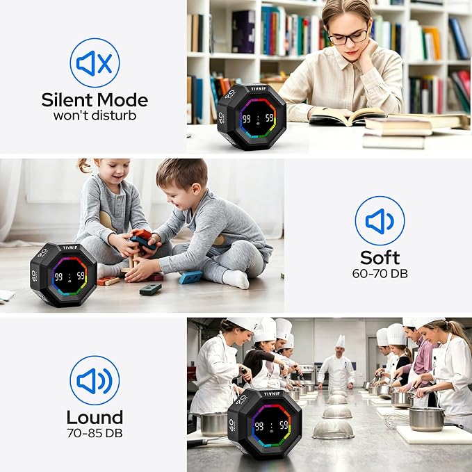 Visual Timer for Kids Kitchen Timer Pomodoro Magnetic Visual Countdown | Smart Gravity Sensing Timer with Large Display Loud Alarm for Study Cooking Classroom Homework Time Management