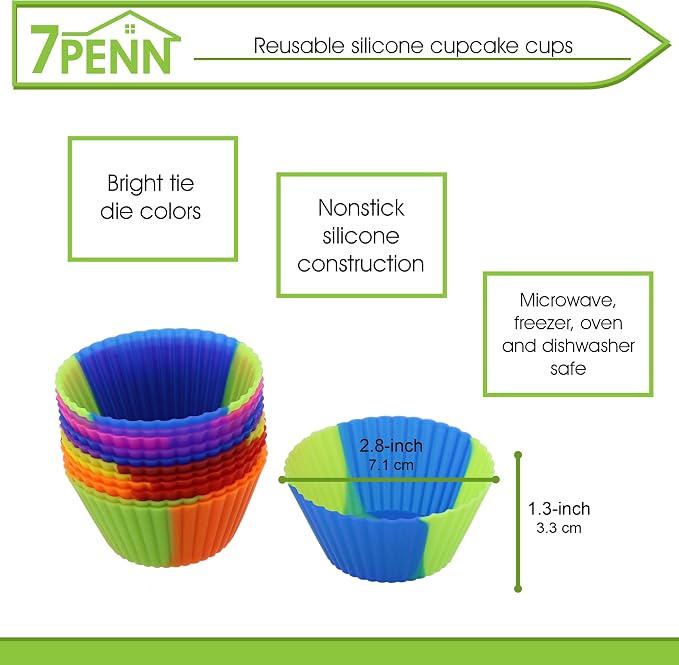7Penn Silicone Cupcake Baking Cups Reusable Muffin Liners Molds for Standard Size Tin - Tie Dye Rainbow Colors Set of 12