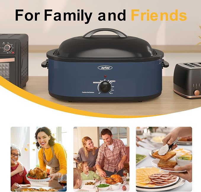 Sunvivi Roaster Oven, Electric Roaster Oven with Self-Basting Lid, 24lb 20-Quart Turkey Roasters with Unique Defrost/Warm Function, Large Roaster with Removable Pan & Rack, Stainless Steel, Blue