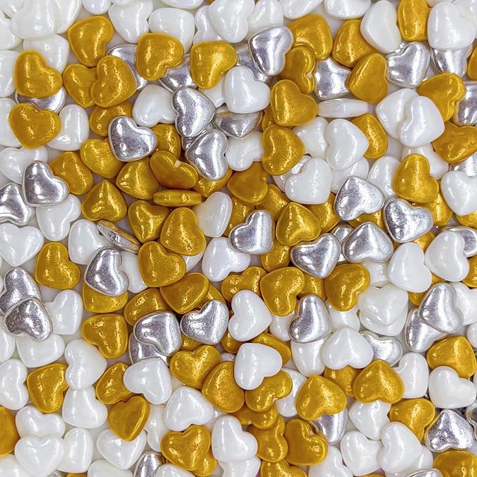 Dynastang Gold & White Heart Sprinkles Edible Heart Cake Decorating Heart Cake Decorations Cupcake Toppers Cookie Decorating Perfect for Cakes, Cupcakes, Desserts Toppings 3OZ