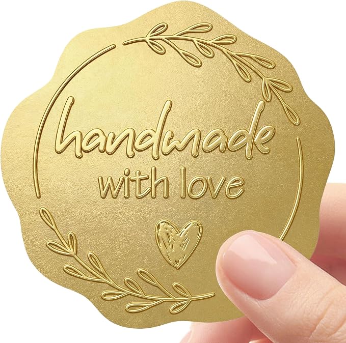 Handmade with Love Gold Foil Stickers, Pack of 100 Embossed Matte Gold Seals for Bakery Packaging, Treat Bags, Pastry Boxes, Small Business Thank You Labels for Gift Wrapping, 1.7 Inch (Gold)