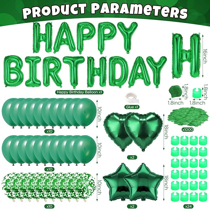 Green Happy Birthday Balloons Decorations Green Birthday Balloon Letters Banner with Star Heart Balloons 1000 Pcs Artificial Rose Petals 24 Flameless LED Candles for Hotel Birthday Party Supplies