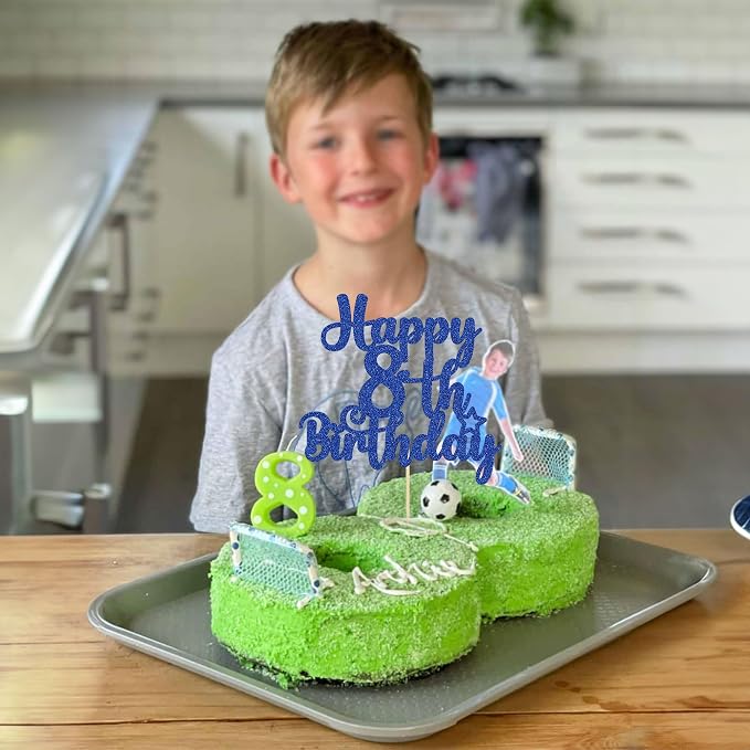 Gyufise 1Pc Happy 8th Birthday Cake Topper Glitter 8 & Fabulous Cheers to 8 Years Old Birthday Cake Pick for Celebrating 8th Anniversary Party Cake Decorations Supplies Blue