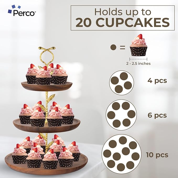 Perco 3 Tier Wooden Cupcake Stand, Walnut Wood Tiered Display Stand for 20 Cupcakes – Rustic Dessert Table Display Set, Tiered Serving Tray for Weddings, Birthdays, Baby Showers & Events