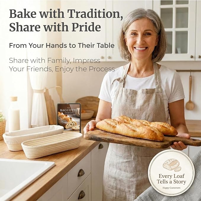 15 Inch Baguette Proofing Basket Set of 2 with Cotton Liners & Baguette Recipe eBook- Handcrafted Natural Rattan Banneton Bread Proofing Baskets for Sourdough- French Bread & Dough Rising