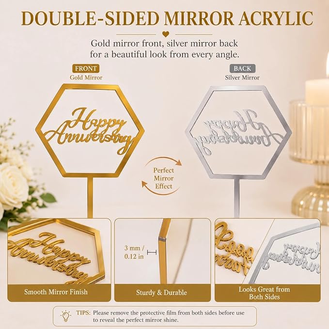 Happy Anniversary Cake Topper,Gold Acrylic Happy Anniversary Cake Toppers for Happy Anniversarys Party Wedding Anniversarys Supplies Party Cake Decor