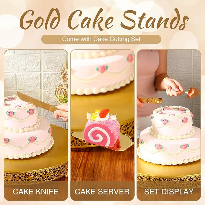 Wenqik 18 Inch Gold Cake Stand Set Metal Round Cupcake Dessert Stand with Cake Cutting, Spatula Wedding Cupcake Pastry Display Candy Holder Display for Wedding Party Birthday Baby Shower(Classic)