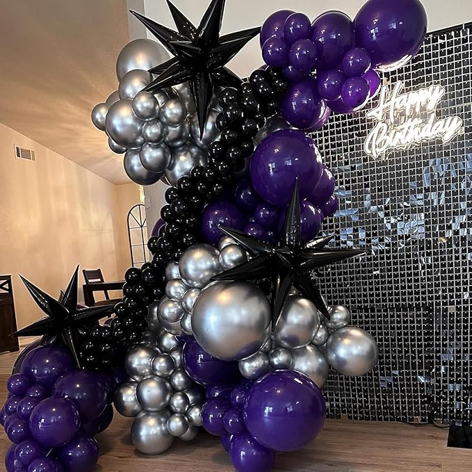Purple and Black Balloon Arch Kit, 132Pcs Explosion Star Metallic Silver Purple Black Confetti Balloon Garland kit Different Size Balloons for Halloween Graduation Birthday Party Decorations