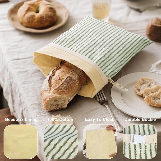 Stripe Reusable Beeswax Bread Bags for Homemade Bread & Sourdough, 2-Pack XL Airtight Food Storage Bags, Organic Cotton Linen Covers - Freezer-Friendly Freshness Preservation Keeps Fresh Longer