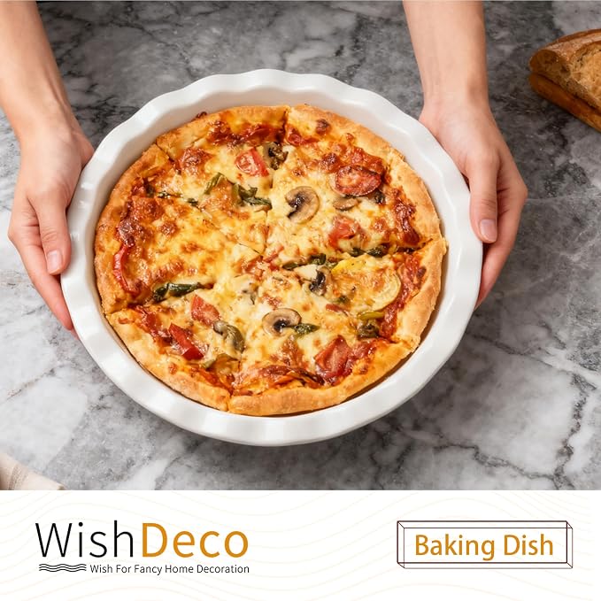 WishDeco Pie Pan for Baking Set of 2, Ceramic Baking Pan 9 inch, Deep Round Pie Dish 50 oz, Pie Plate with Fluted Rim, Porcelain Baking Dish for Apple Pie, Quiche, Tart, Cake Oven & Microwave Safe