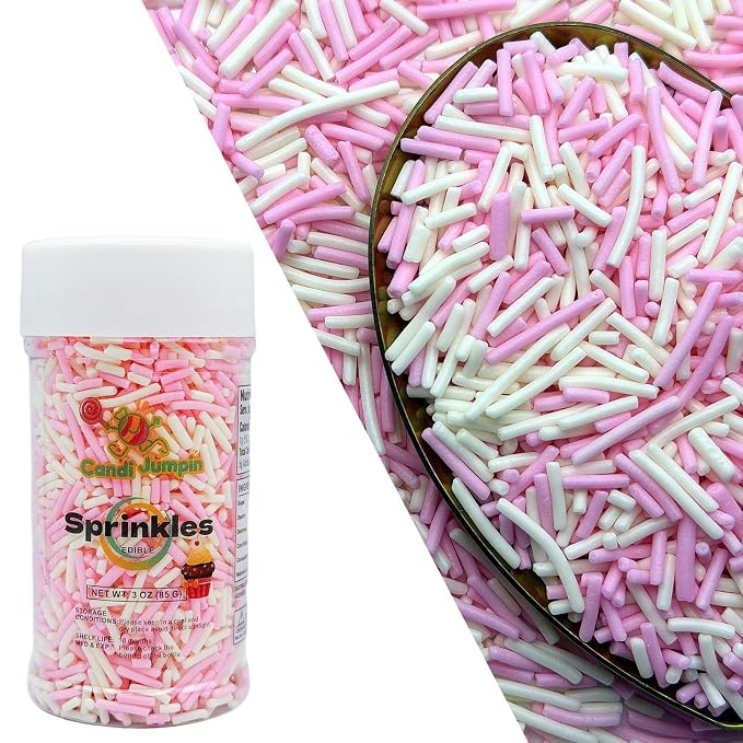 CandiJumpin Pink and White Jimmy Sprinkles, White and Baby Pink Sprinkles for Cake Decorating Edible Cake Jimmies Edible Crunchy Jimmies Ice Cream Toppings, Baby Shower Party Wedding Christmas Supplies 3 OZ