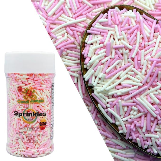 CandiJumpin Pink and White Jimmy Sprinkles, White and Baby Pink Sprinkles for Cake Decorating Edible Cake Jimmies Edible Crunchy Jimmies Ice Cream Toppings, Baby Shower Party Wedding Christmas Supplies 3 OZ