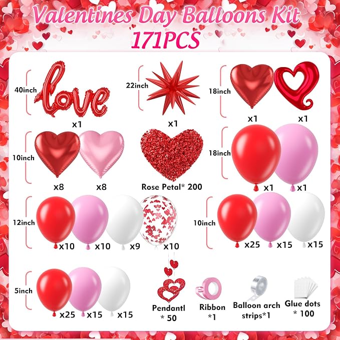 171pcs Valentines Day Balloons Garland Arch Kit, Pink White Red Confetti Heart Balloons Love & Star Foil Balloons Rose Petals for Birthday Wedding Anniversary Galentine's Day Party Decorations