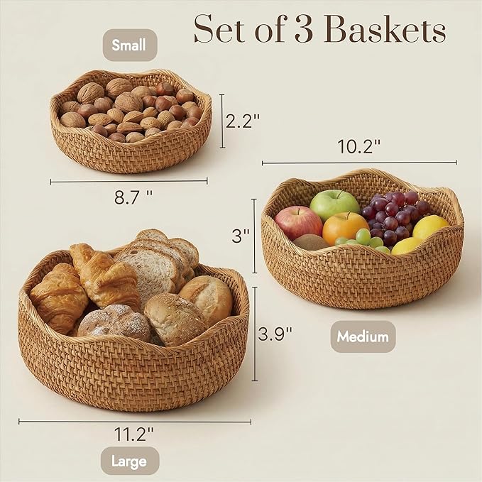 YANGQIHOME Rattan Bread Basket, Round Fruit Baskets, Wicker Storage Bowls, Natural Woven Serving Basket Bowls, Decorative Baskets for Kitchen Counter Organizing (Natural L)