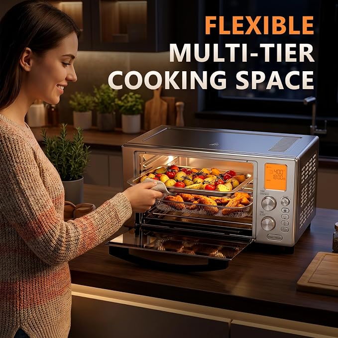 Electactic 1500W Air Fryer Toaster Oven Combo, Stainless Steel Countertop Convection Oven, Versatile Rotisserie Oven with Dehydrator, Fits 12" Pizza, 6 Adjustable Shelves, Digital LCD, Slow Cook