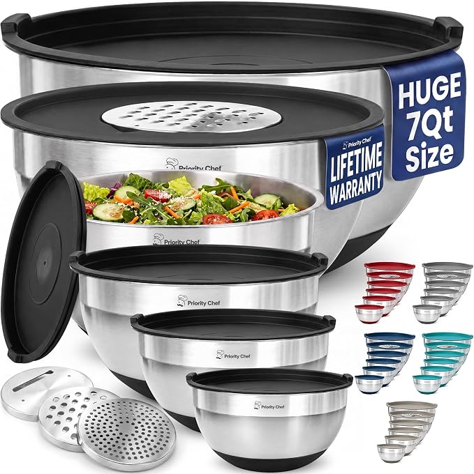 Priority Chef 6pc Stainless Steel Mixing Bowls with Lids Set, 7 Qt, Black | 6pc Non-slip nesting bowls 1-7 qt, 3 graters & interior measurement marks; for meal prep, baking & airtight fridge storage