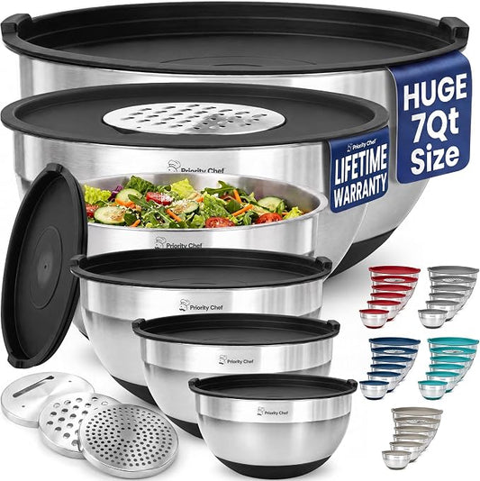 Priority Chef 6pc Stainless Steel Mixing Bowls with Lids Set, 7 Qt, Black | 6pc Non-slip nesting bowls 1-7 qt, 3 graters & interior measurement marks; for meal prep, baking & airtight fridge storage