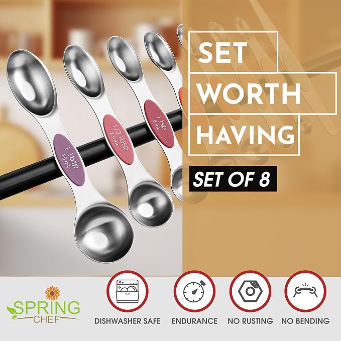 Spring Chef Stainless Steel Magnetic Measuring Cups, Set of 7 & Heavy Duty Magnetic Measuring Spoons, Set of 8 with Leveler - 2 Product Bundle - Desert Sunset