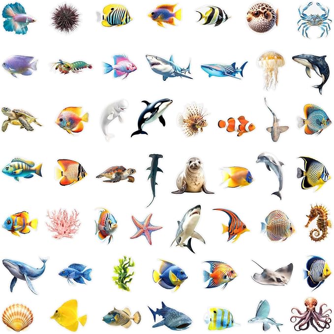 50 Pcs PET Transparent Underwater World Stickers, Waterproof Vinyl Marine Life Decals for Laptop Skateboard Luggage, Colorful Ocean Creature Stickers Gift for Kids Teens Adults(The Underwater World)