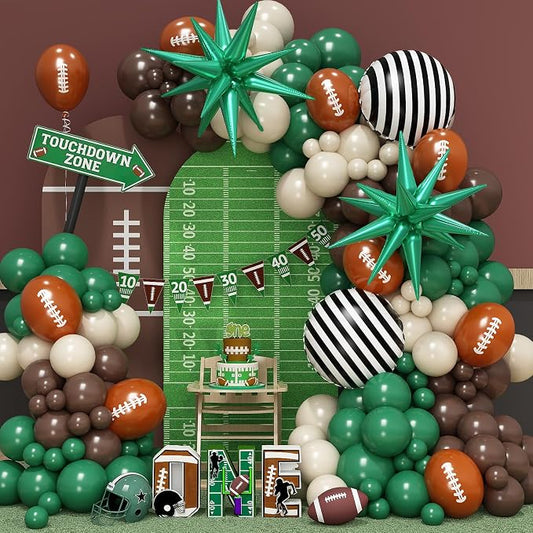 Football Balloon Arch Kit, Dark Green Brown Balloon Garland with Foil Star Striped Balloons for Football Party Decorations Touch Down First Year Down Birthday Tailgate Sport Party Game Day Decorations