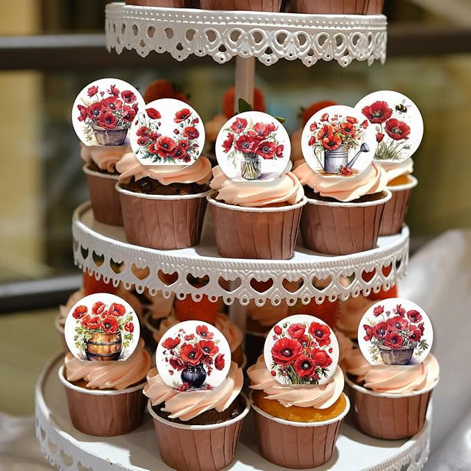 36PCS Edible Red Poppy Flowers Cupcake Toppers Wafer Paper Red Flowers Cake Picks Edible Poppy Wildflowers Cupcake Toppers for Wedding Birthday Theme Floral Cake Decor Supplies