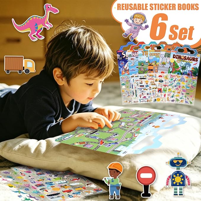 6 Pack Reusable Puffy Sticker Books, 250Pcs Kids Activity Stickers Ages 3+, Travel Sticker Book Dinosaur/Space/Traffic/Robot/Harbor/Construction for Boys Girls
